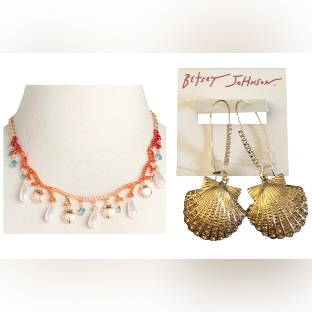BETSEY JOHNSON SET Mermaid Jewels Coral Pearls Crystals & Shells Necklace NWT